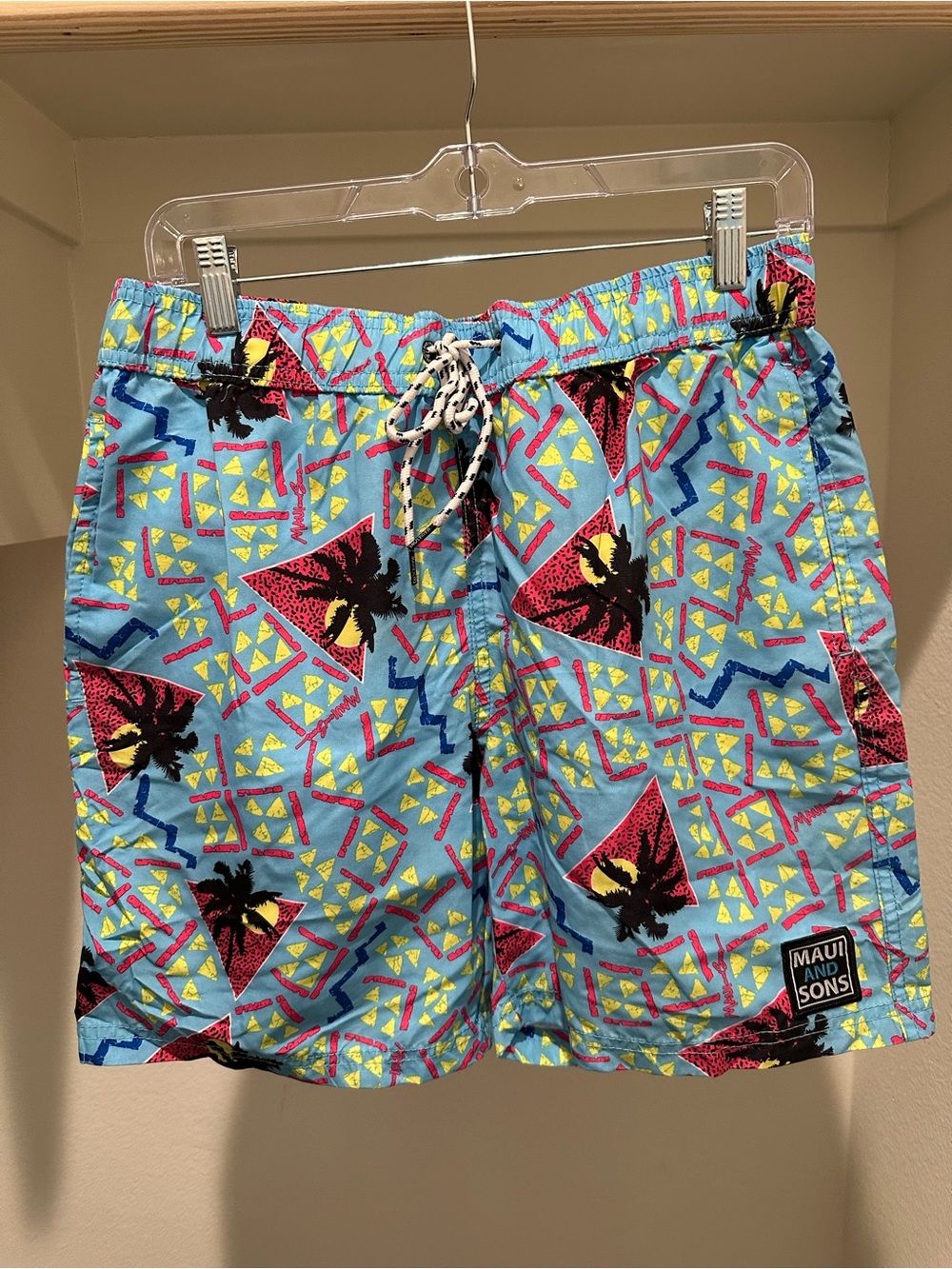 Maui and Sons Blue Swim Trunks with Tropical Print Size Small
